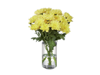 Un buchet de crizanteme galbene într-o vază de sticlă transparentă.