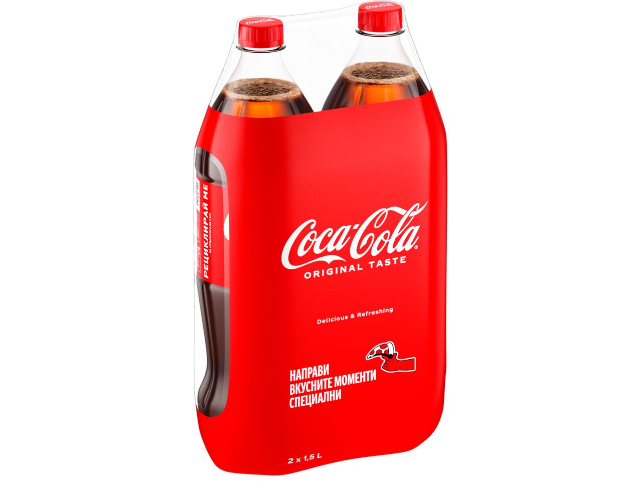 Две бутилки Coca-Cola от 1,5 литра в червена опаковка.