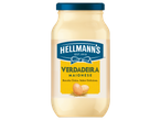 Pote de maionese Hellmann's com tampa azul e rótulo amarelo com ovos.