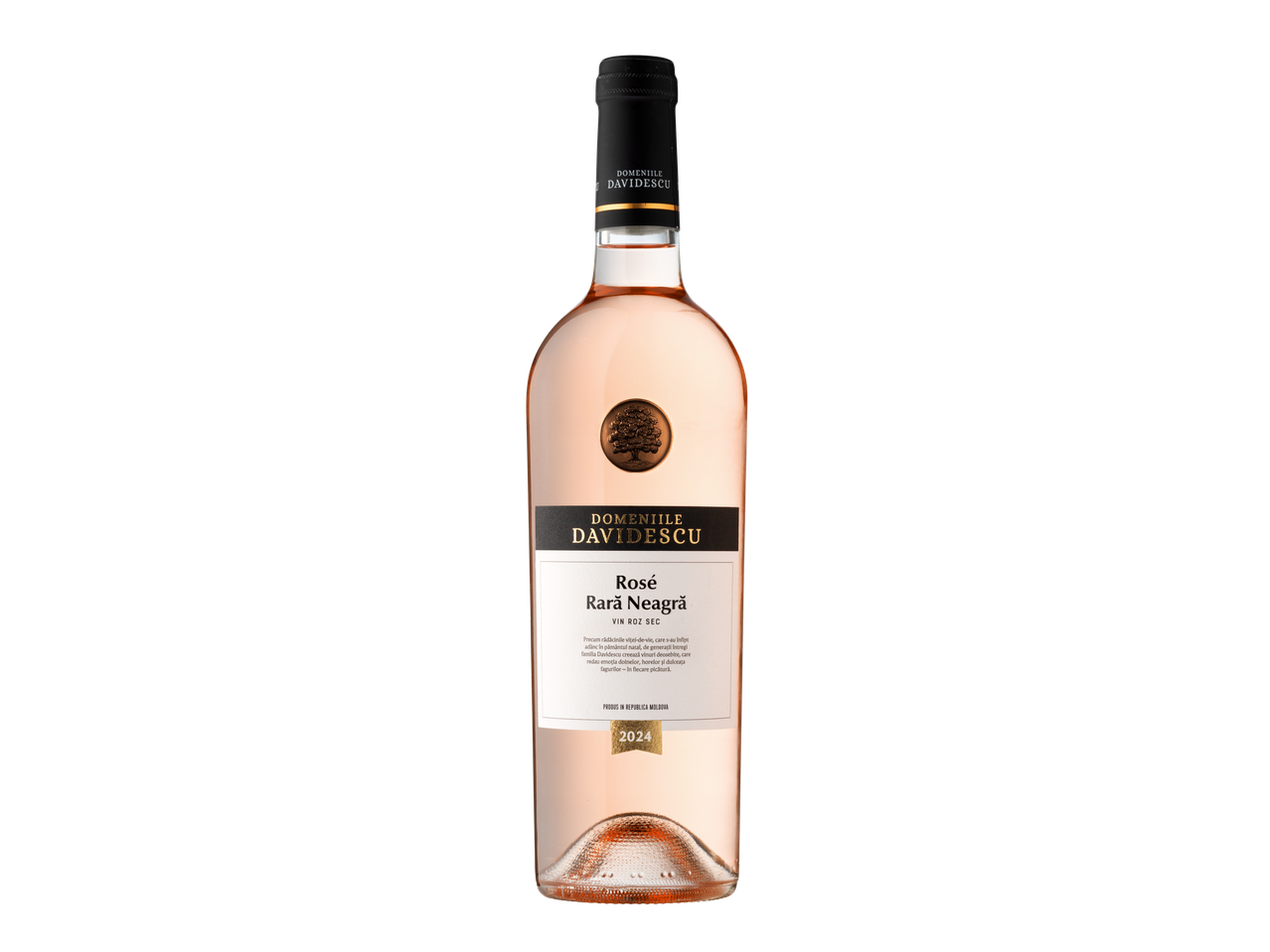 O sticlă de vin rosé Davidescu Rară Neagră, cu etichetă albă și neagră, pe un fundal negru.
