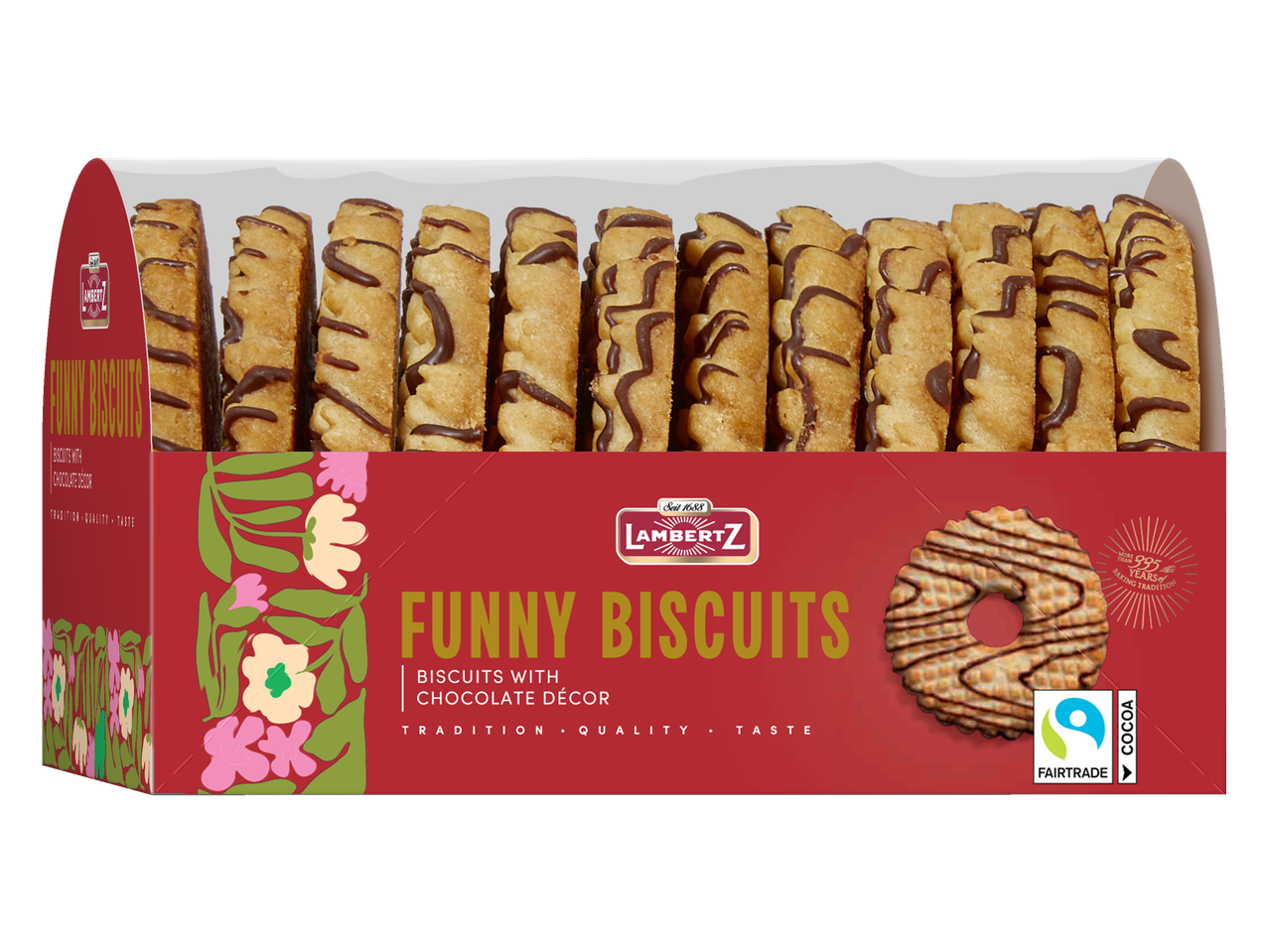 Lambertz Funny Biscuits Čajni keksići sa čokoladnim dekorom u crvenoj kutiji.