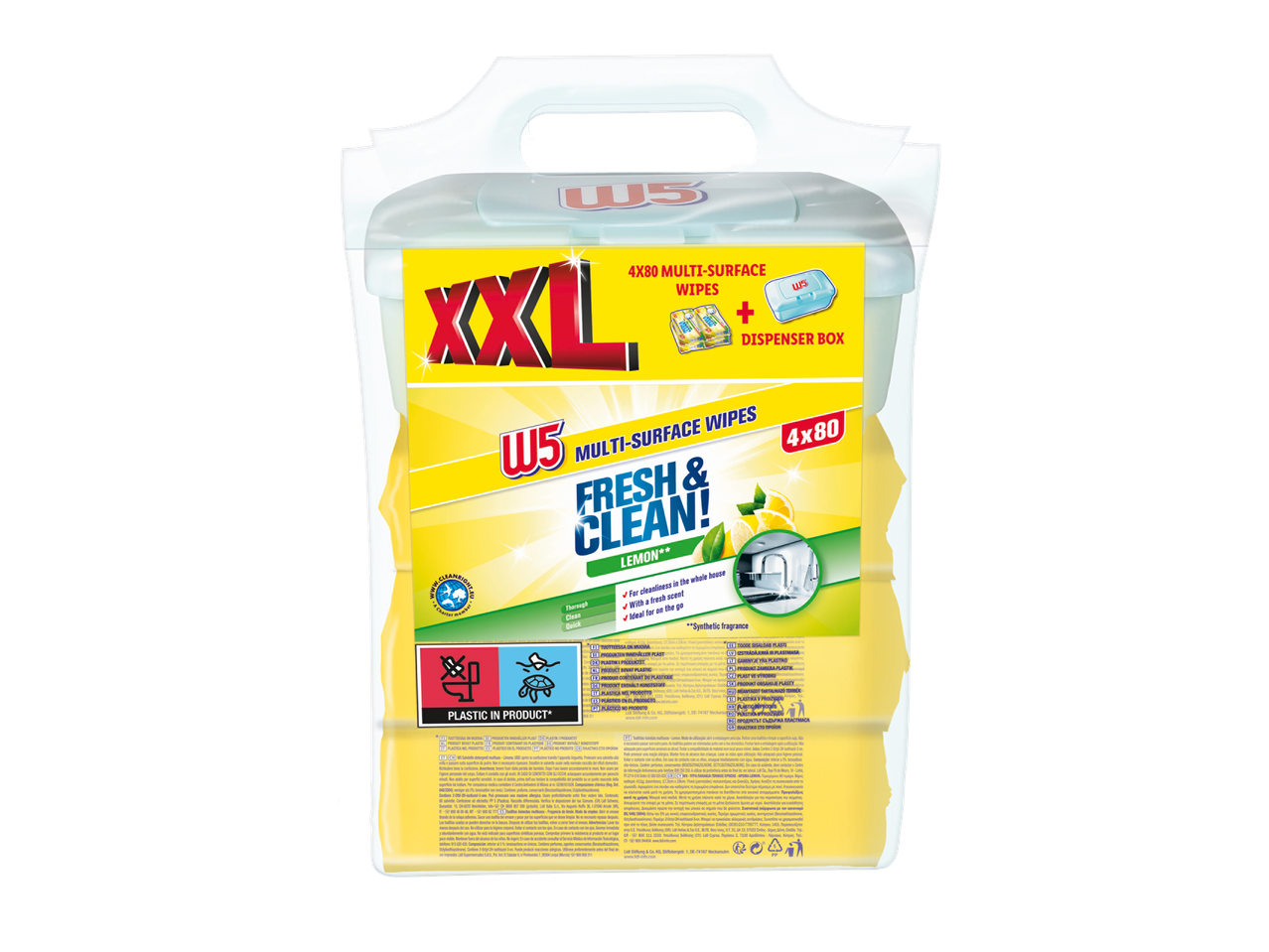 Lingettes multi-surfaces XXL au citron, 4x80 lingettes avec boîte distributrice.