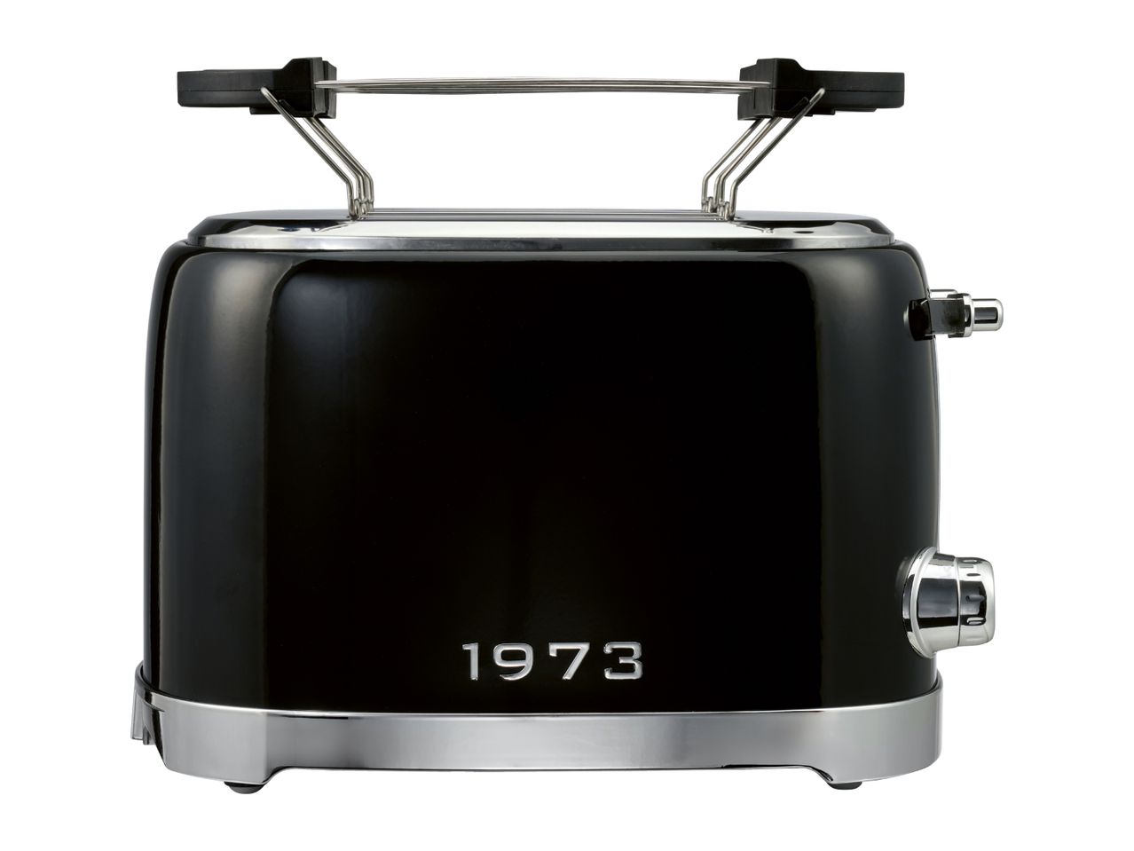 Black retro toaster with integrated warming rack and the year 1973 on the front