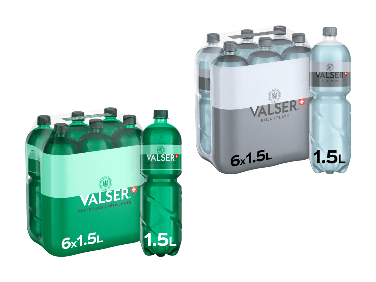 Valser Mineralwasserpackungen, prickelnd und still, in 1,5-Liter-Flaschen.