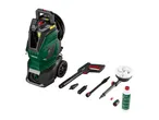 Pressure washer with various attachments, including a spray gun, brushes, and cleaning solution.
