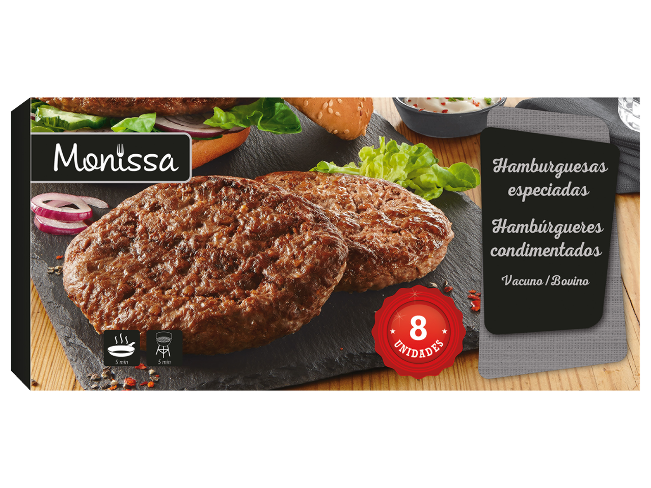 Oito hambúrgueres Monissa, temperados, de carne bovina.