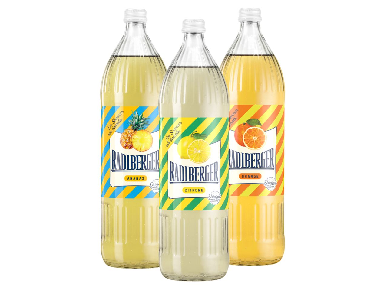 Drei Radberger-Flaschen mit Ananas-, Zitronen- und Orangengeschmack.