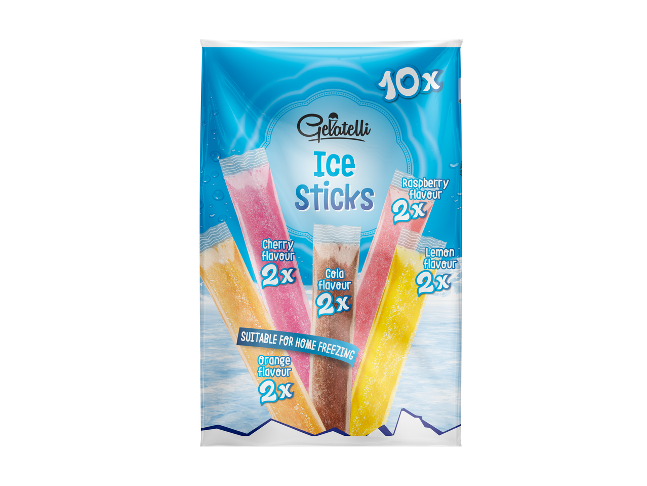 Mix de înghețată Gelatelli Ice Sticks cu arome de cireșe, cola, zmeură, lămâie și portocale.