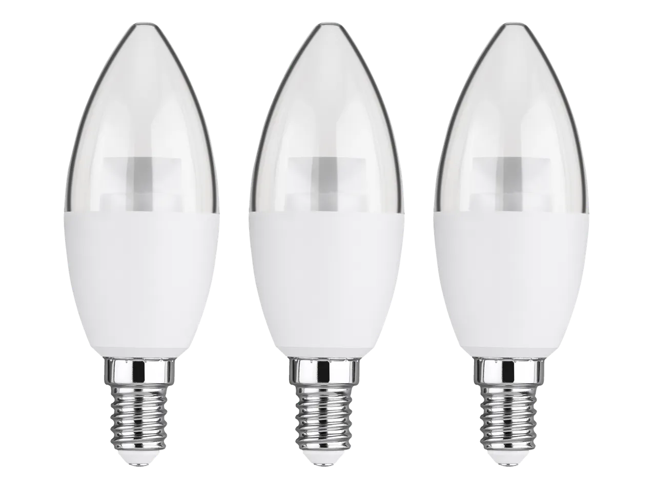 Τρεις λευκοί λαμπτήρες LED LIVARNO με βάση E14 σε μαύρο φόντο.