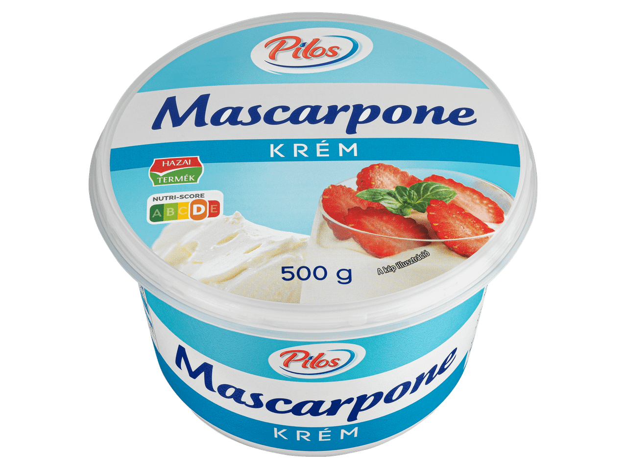500 g-os krémes mascarpone kék-fehér tégelyben, eperrel díszítve.