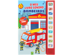 Livro sonoro infantil sobre bombeiros com 10 sons, com camião de bombeiros e bombeiros.