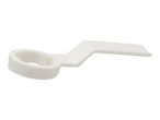 A white plastic tool with a circular opening on one end and a flat handle on the other.