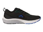 Black and blue athletic shoe with a white and grey sole.