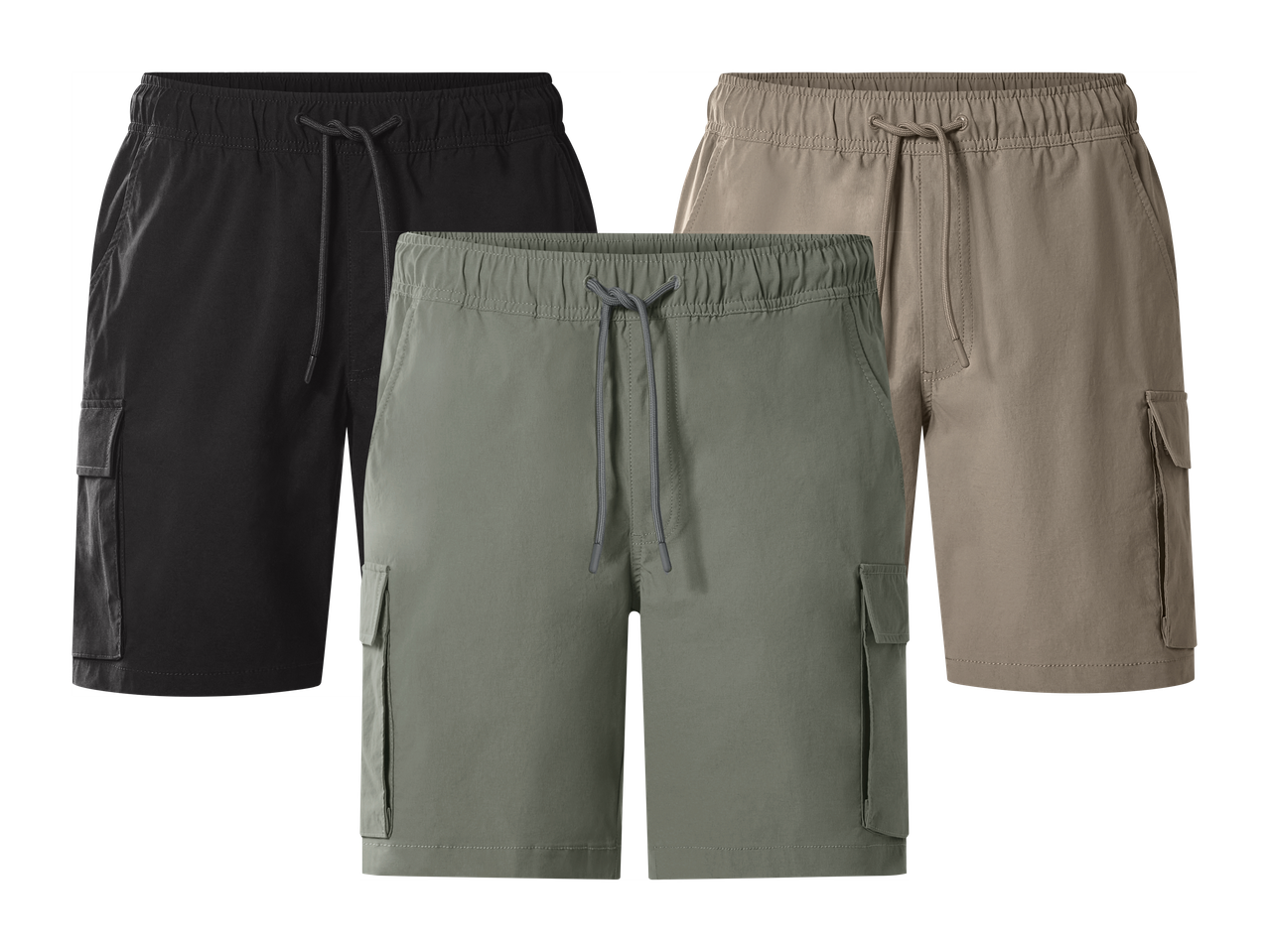 Tri muške kratke hlače u crnoj, maslinasto zelenoj i bež boji s elastičnim pojasom i džepovima