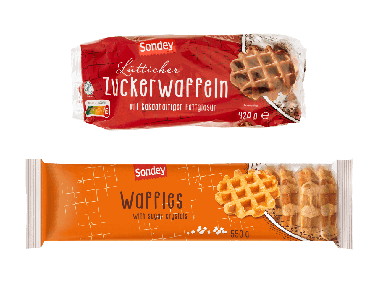 Zwei Packungen Sondey Waffeln: Lütticher Zuckerwaffeln mit kakaohaltiger Fettglasur und Waffeln mit Zuckerkristallen.