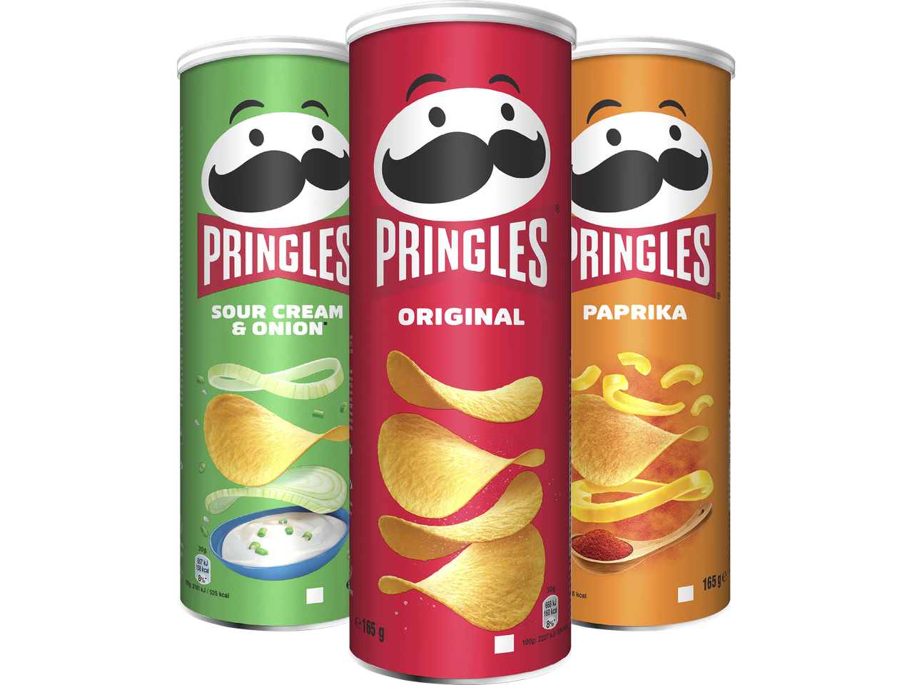 Tre tuber med chips i smakerna gräddfil & lök, original och paprika.