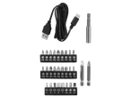 Conjunto de pontas de chave de fendas com cabo USB e suporte magnético, incluindo pontas Phillips, Pozidriv, Torx, fenda e sextavadas.