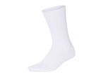 A single white sock, standing upright on a white background.