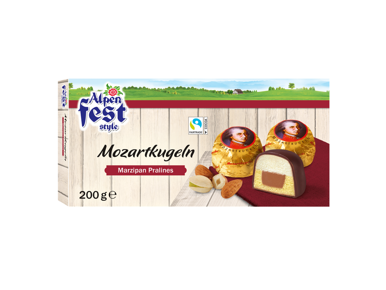 Box of Mozartkugeln marzipan pralines with a cut praline, nuts, and Fairtrade cocoa logo.