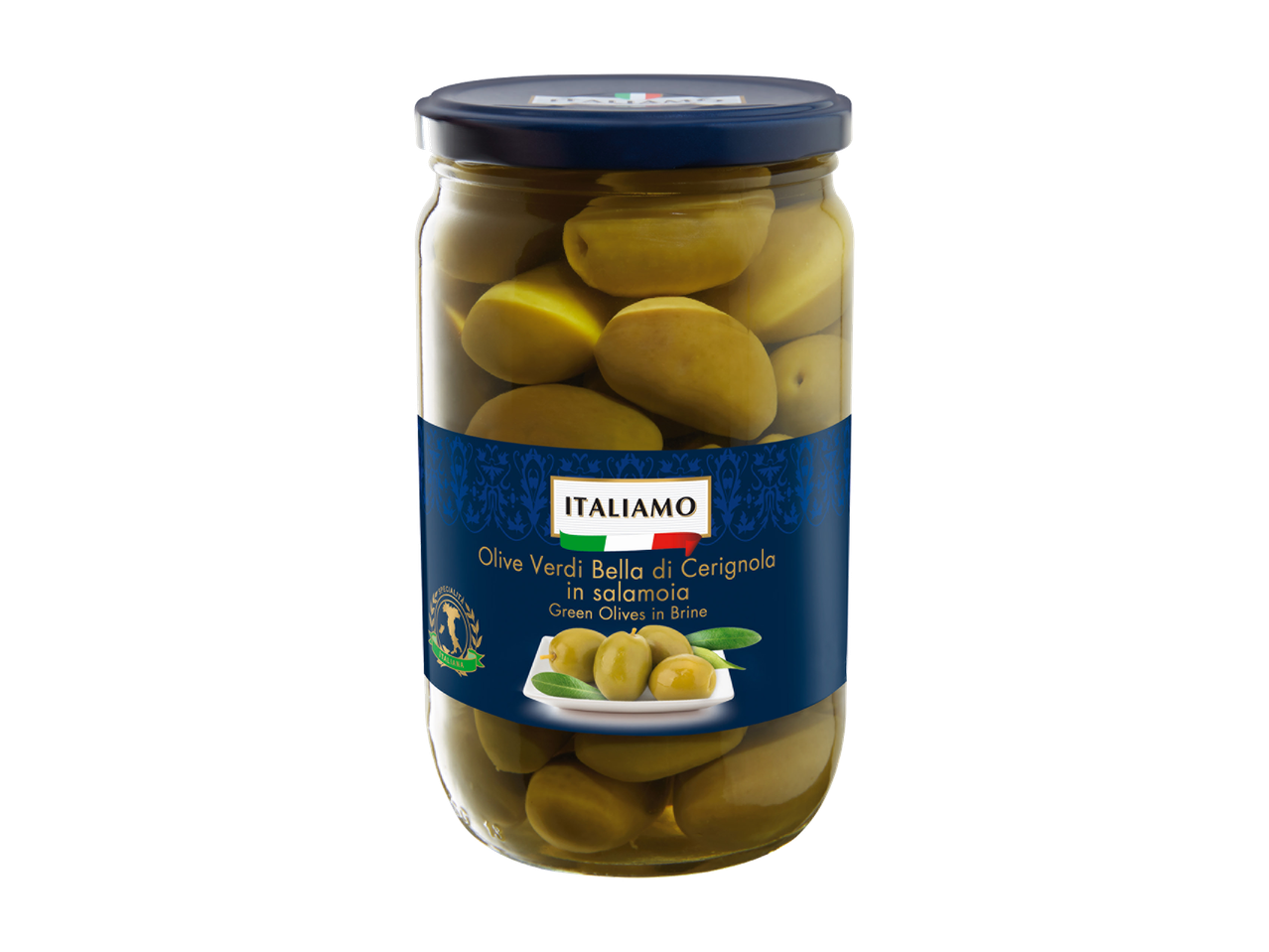 Bocal en verre d'olives vertes Bella di Cerignola en saumure, avec une étiquette bleue.