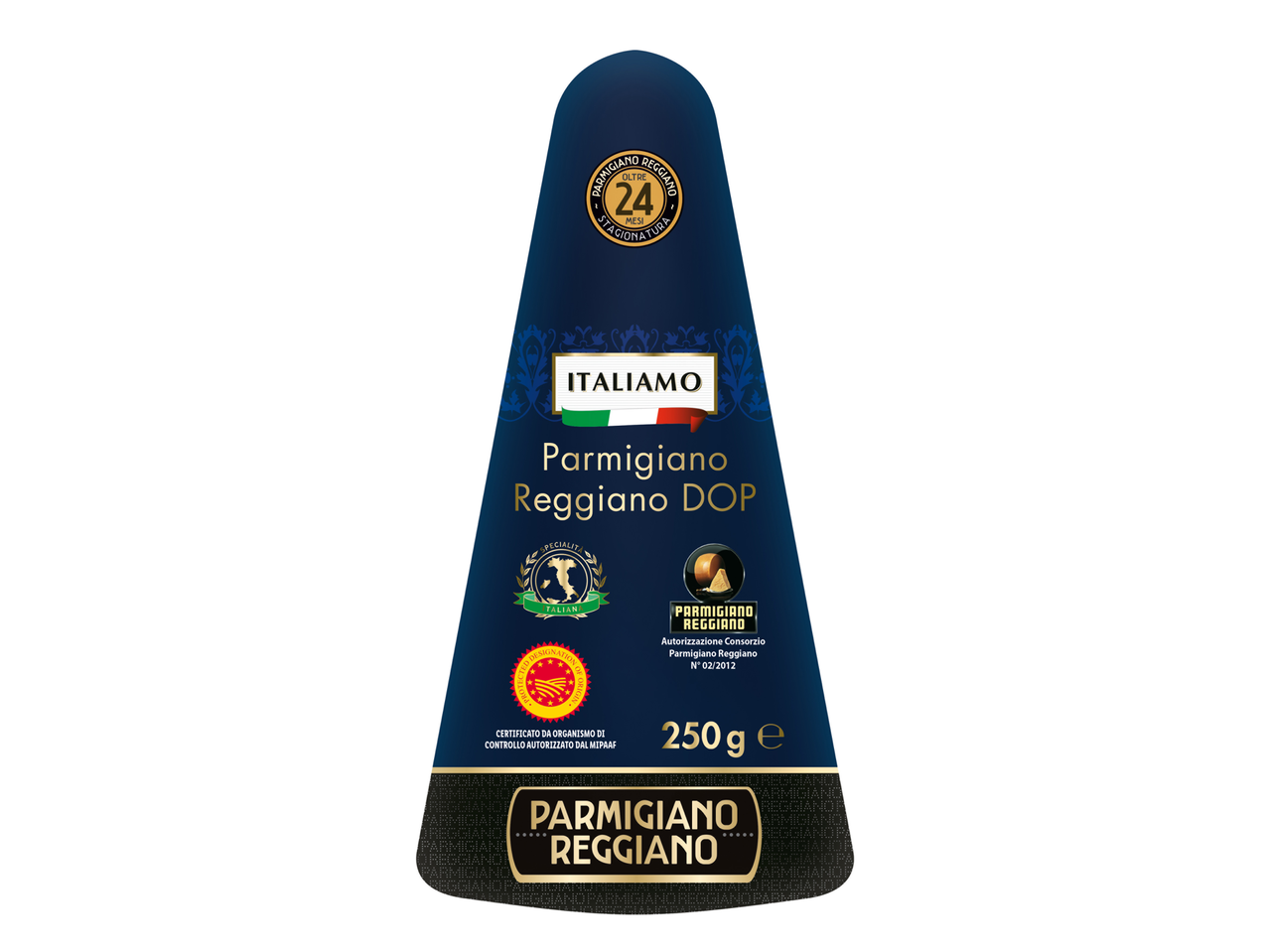 ITALIAMO Parmigiano Reggiano DOP, 250g, cu diverse sigilii de certificare.