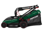 Parkside lawnmower: modern design, grass catcher.