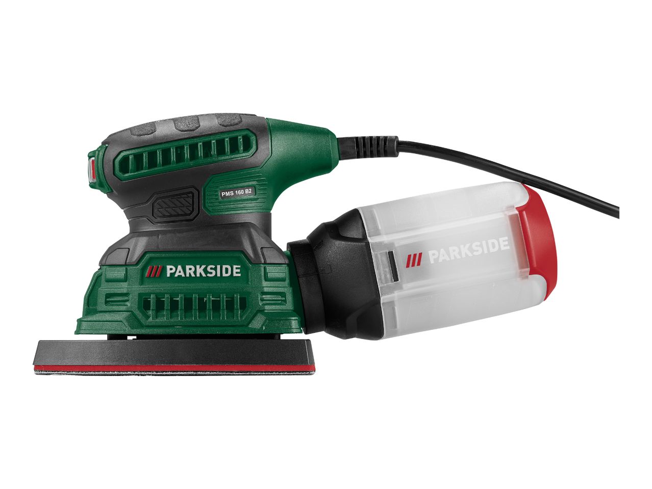 Green and black orbital sander with a clear dust collection box and a black power cord.