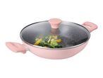 Pink wok with glass lid and vegetables inside