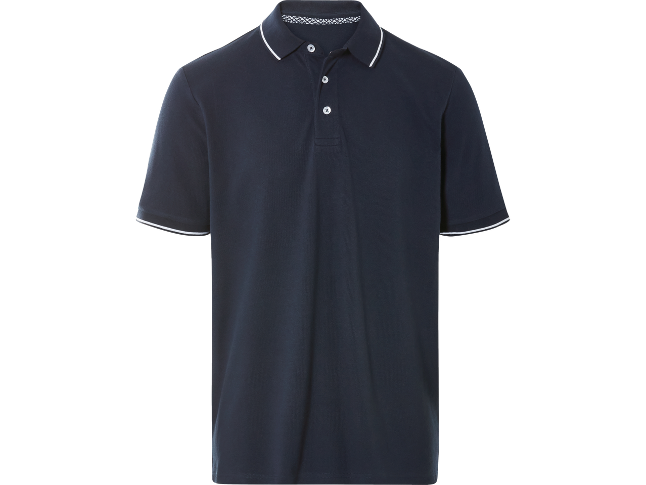 Polo bleu marine avec bordure blanche.