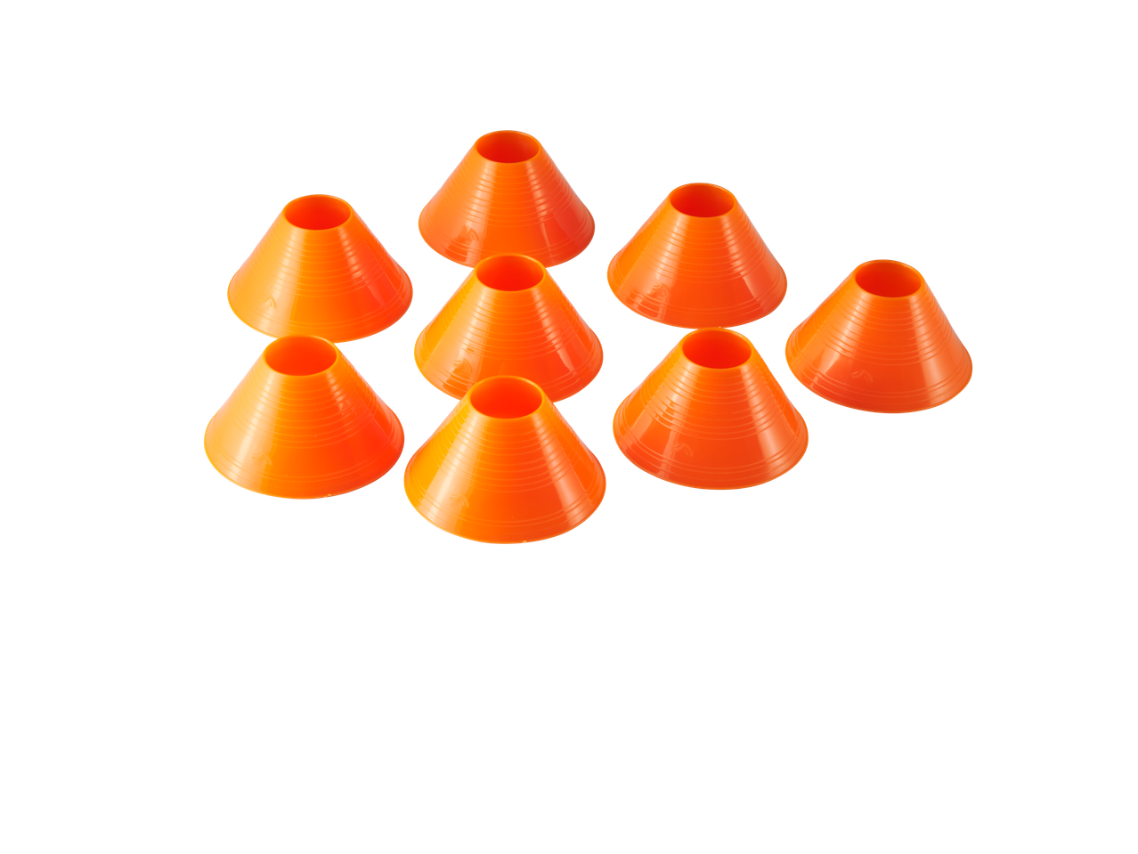 Acht oranje pionnen voor het Rapid Ball spel, gerangschikt op een zwarte achtergrond.