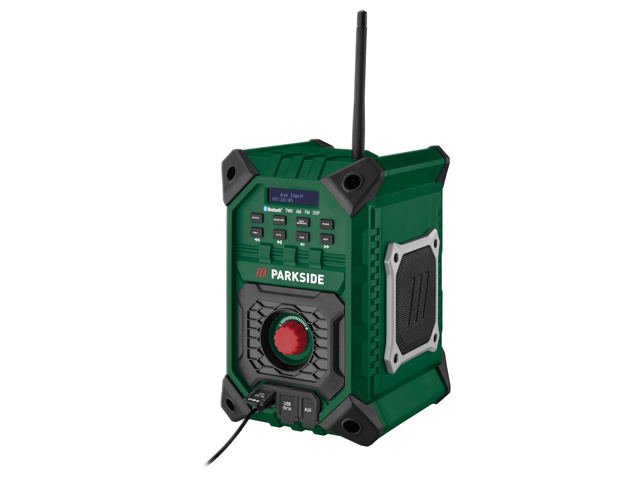 Parkside® PRFMA 20-Li statybvietės radijas su Bluetooth, USB ir AUX, žalias ir juodas.