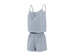 Light blue pajama set with a camisole top and shorts, made from textured fabric.