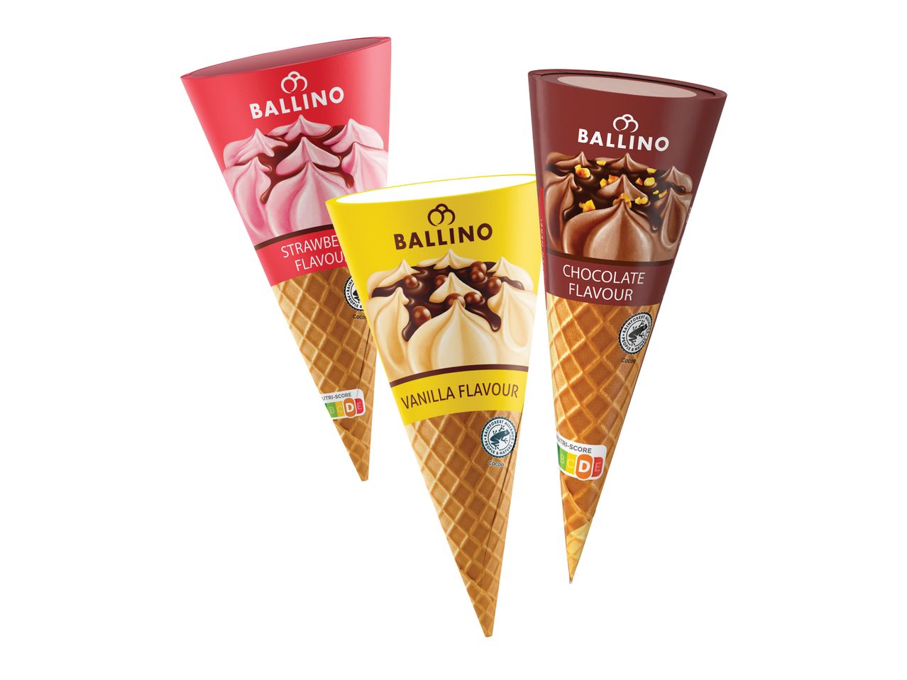 Trije Ballino sladoledni korneti: jagodni, čokoladni in vanilijev.