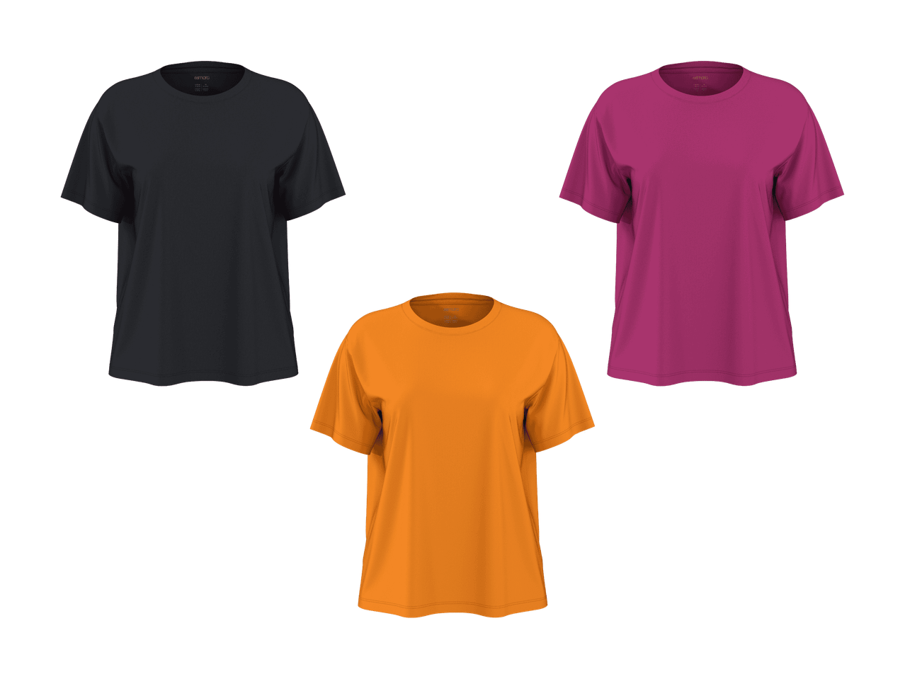 Trois t-shirts unis en noir, orange et magenta.