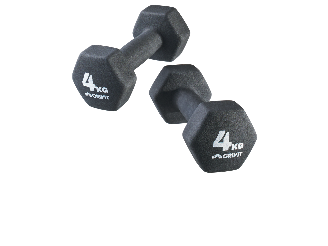Two black Crivit dumbbells, each weighing 4 kg, on a black background.