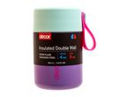 Insulated double-wall food flask in mint green and purple, with a pink strap, 350ml capacity.