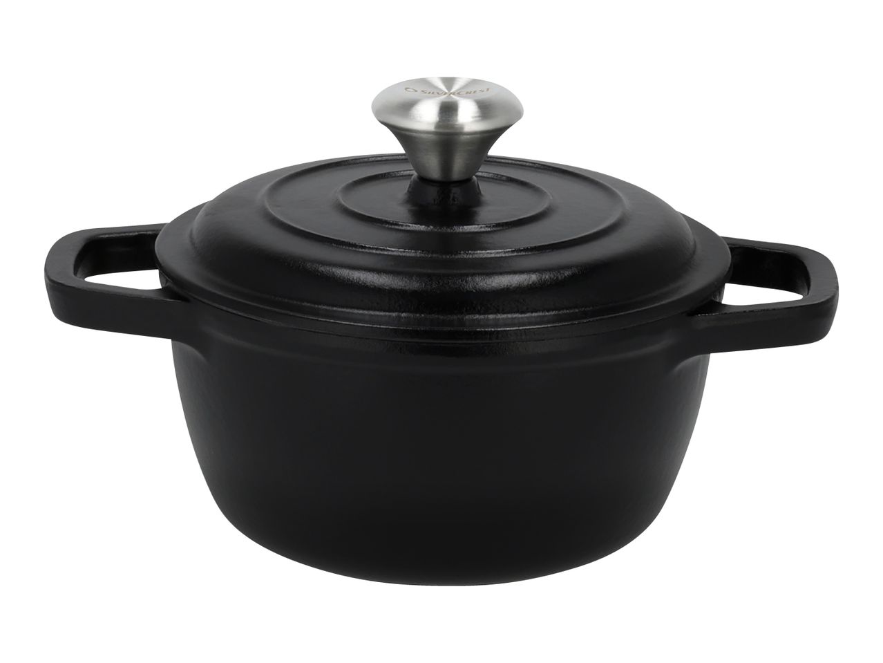 Black cast iron pot with lid and silver knob