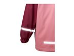 Two-tone pink and maroon rain jacket with reflective stripes on the sleeve and hem.