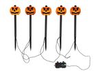 Five Halloween pumpkin pathway lights with a timer box and wires.