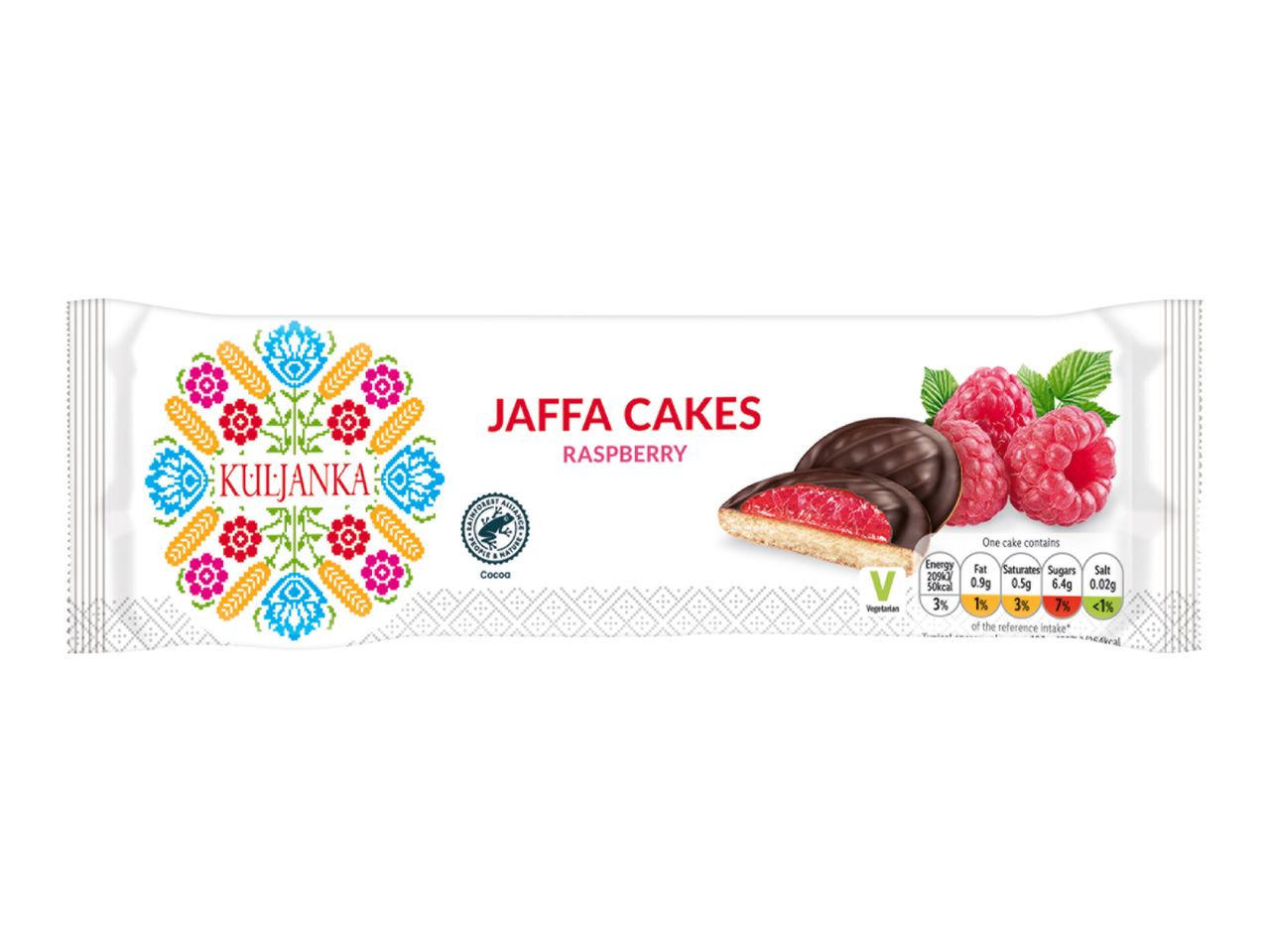 Raspberry jaffa cakes in a white package with folk art design and nutritional information.