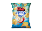 En pose chips med smag af flødeost og chili, med billeder af chips, ost og chili.