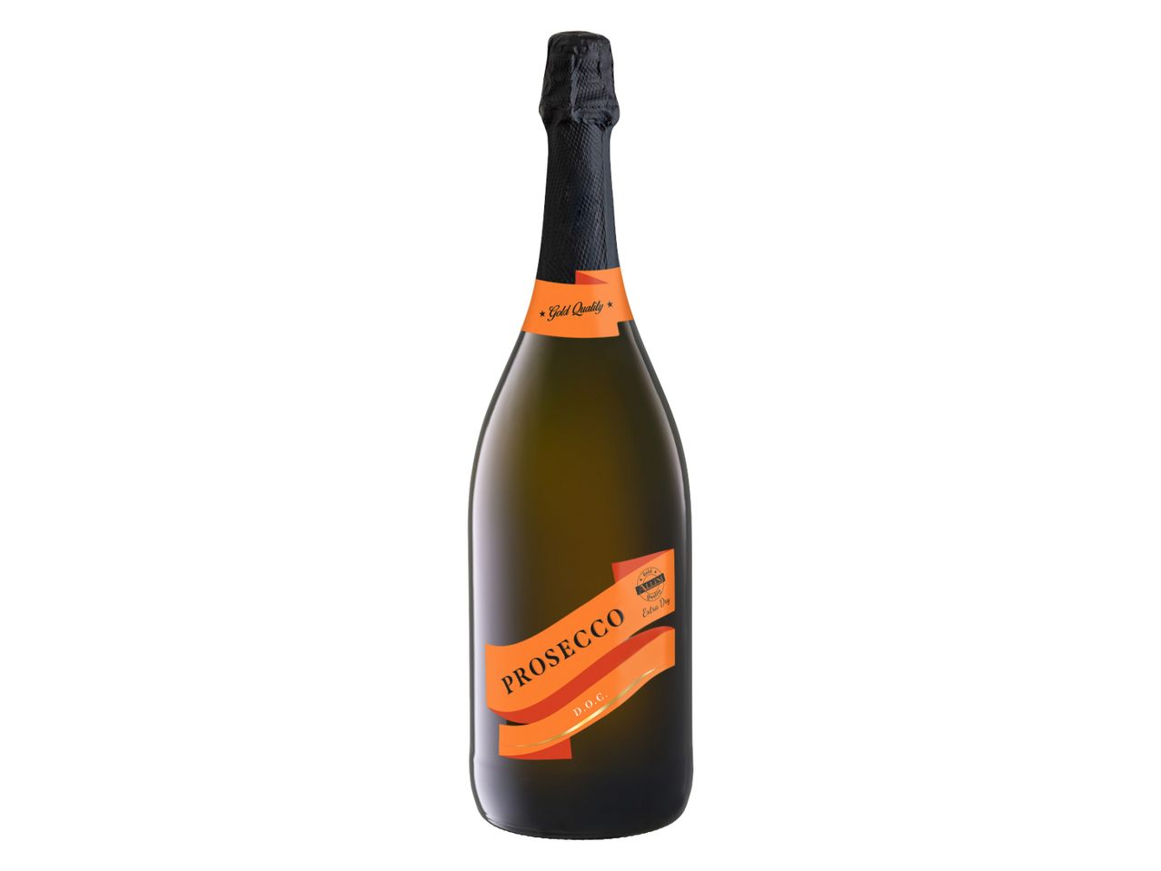 Prosecco D.O.C. sparkling wine bottle with an orange label