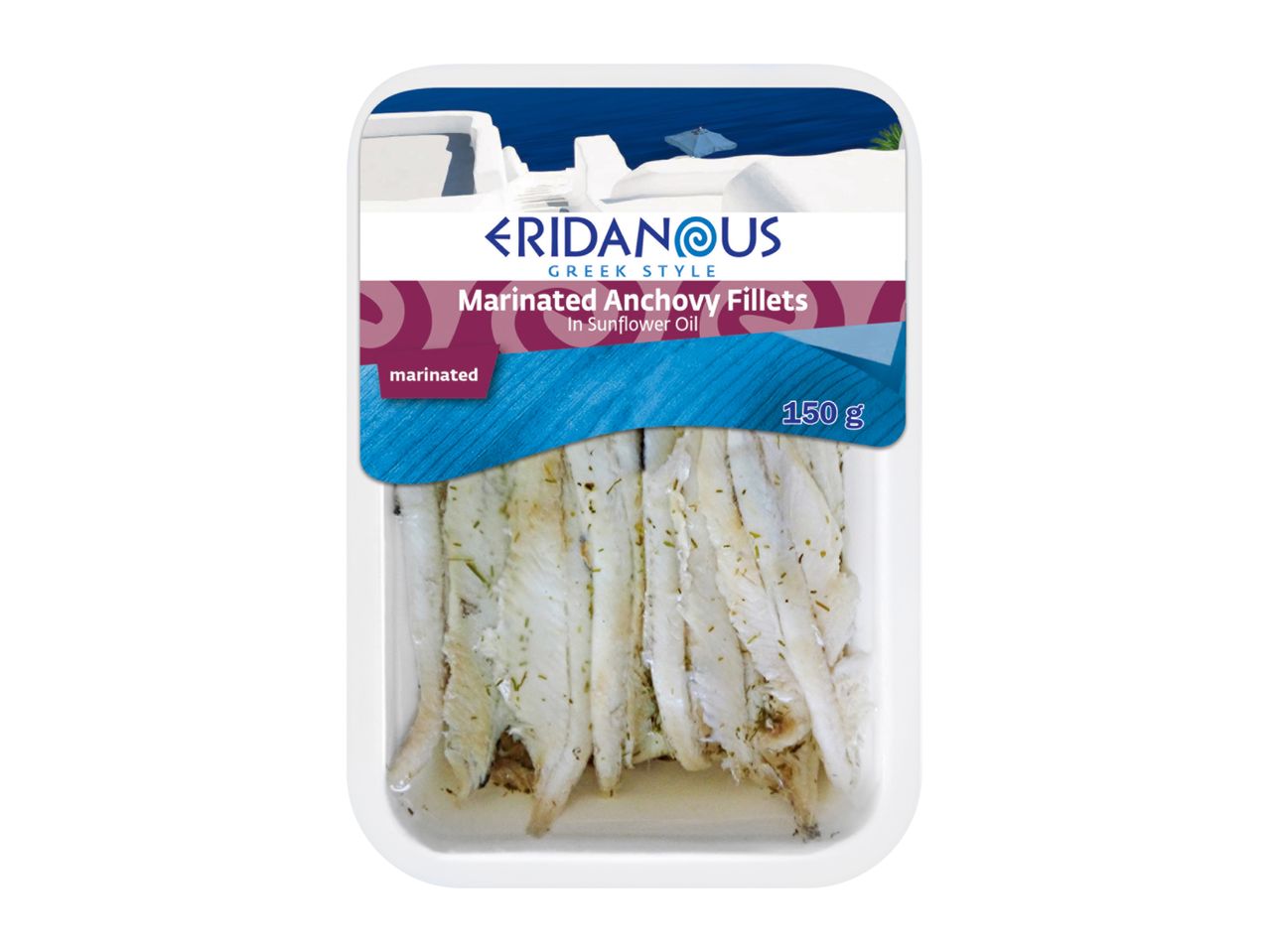 Marinated anchovy fillets in sunflower oil, 150g, with a Greek-style label.