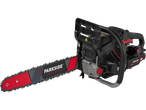 A black and red PARKSIDE PERFORMANCE® petrol chainsaw with an electric start.