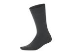 A single dark grey sock, standing upright with a slight curve, on a white background.