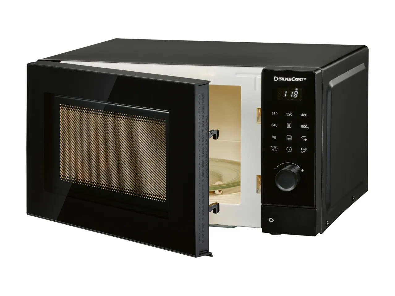 Black microwave oven with the door slightly ajar, showing the interior and control panel.