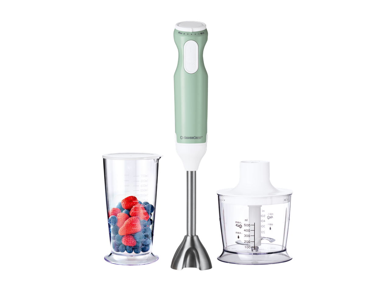 Rokas blenderis ar ogu mērglāzi un smalcinātāja piederumu.
