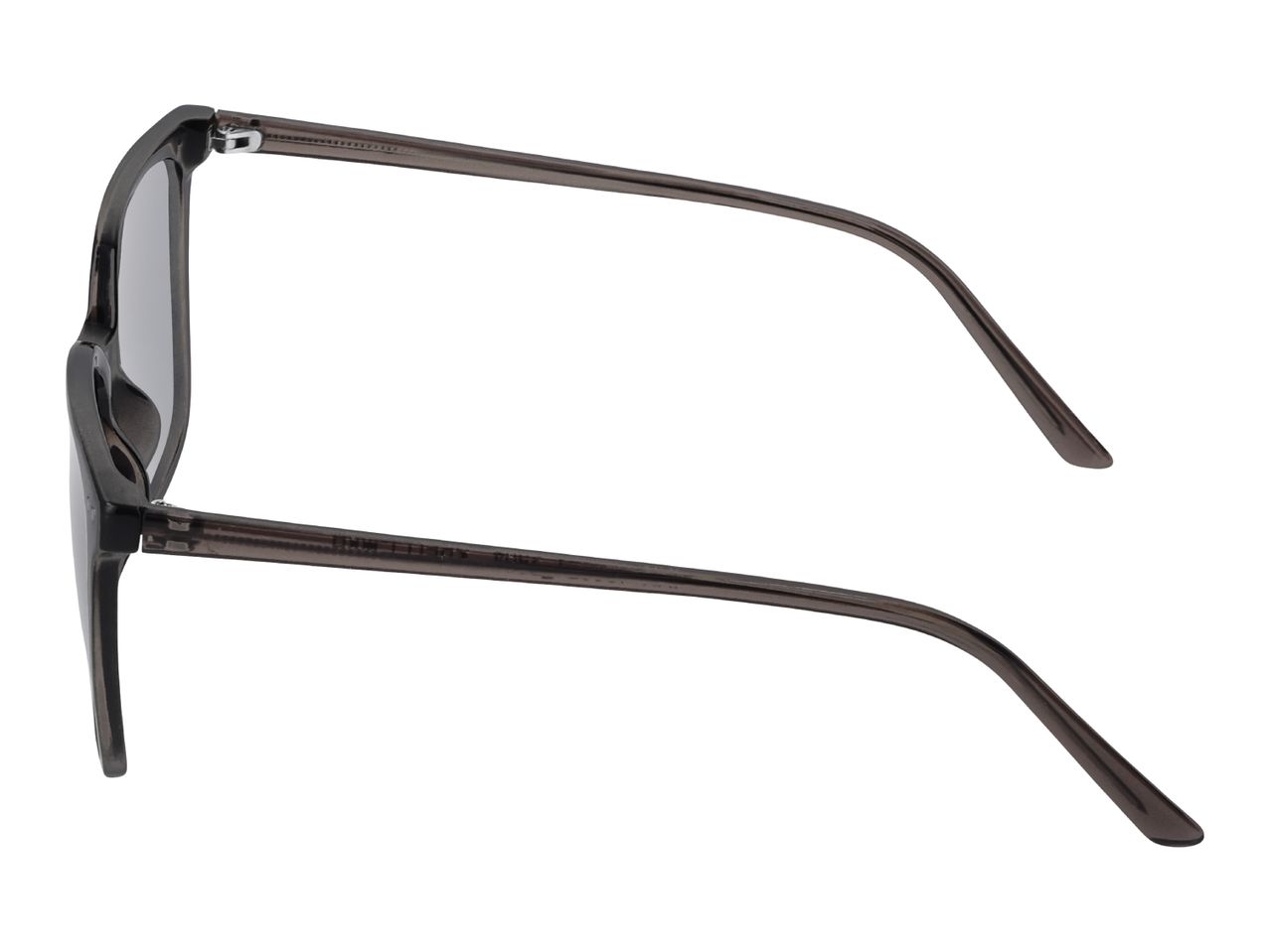 Dark grey sunglasses with rectangular frames and tinted lenses, viewed from the side.