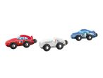 Three colorful toy race cars: red, white, and blue, with numbers 26, 4, and 12.