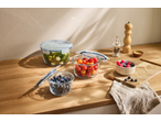 SILVERCREST® Glass Food Storage Containers with salad, tomatoes, and blueberries on a wooden counter.